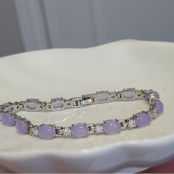 Vintage Amethyst Purple Cabochon CZ Crystal Sterling Silver Tennis Bracelet - Picture 10 of 14
